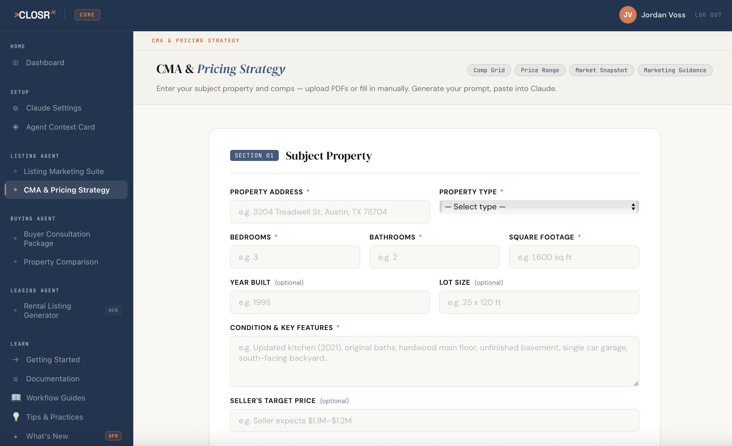 Closr Core dashboard showing the four workflow cards