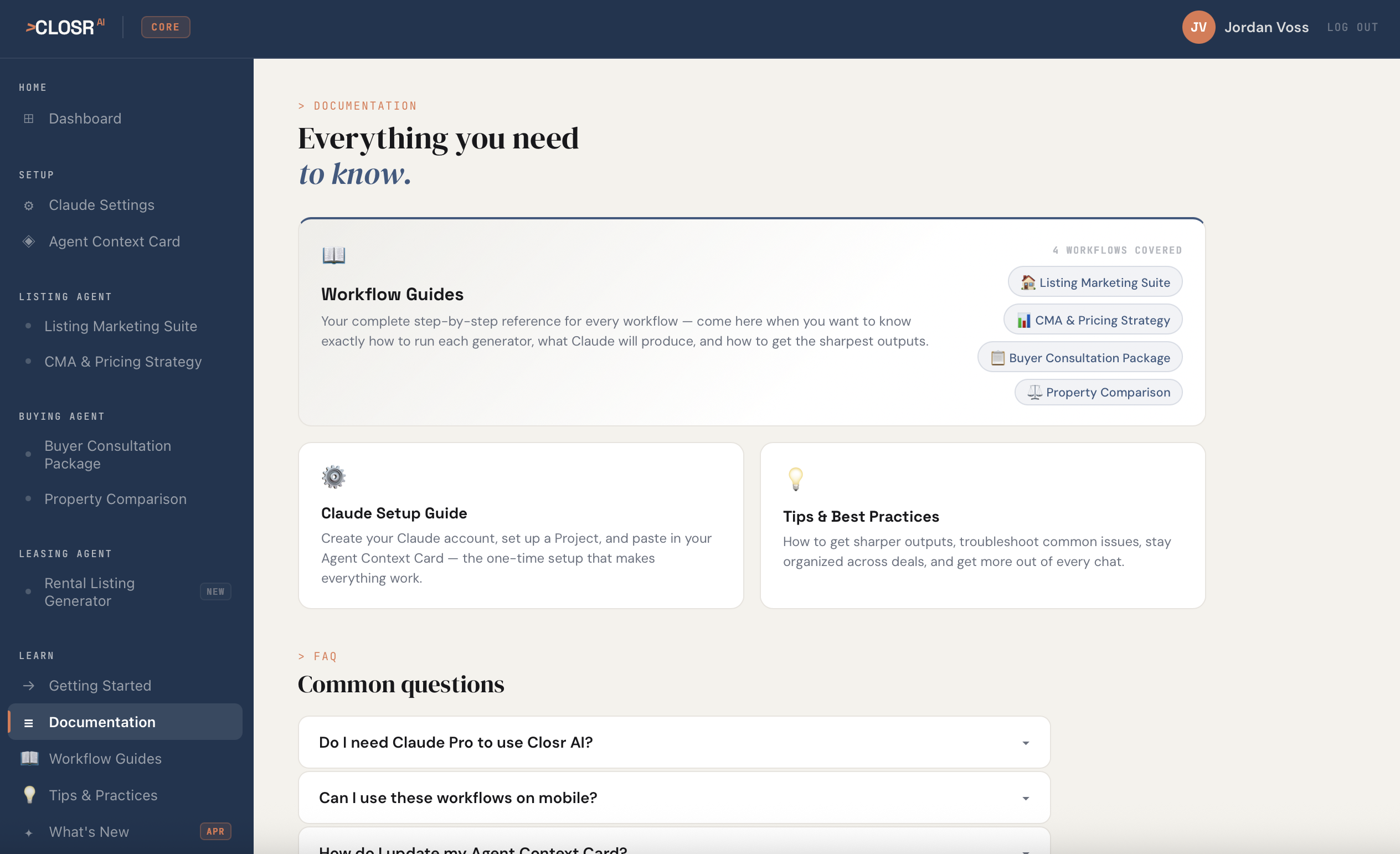 Closr Core documentation section with guides and tutorials