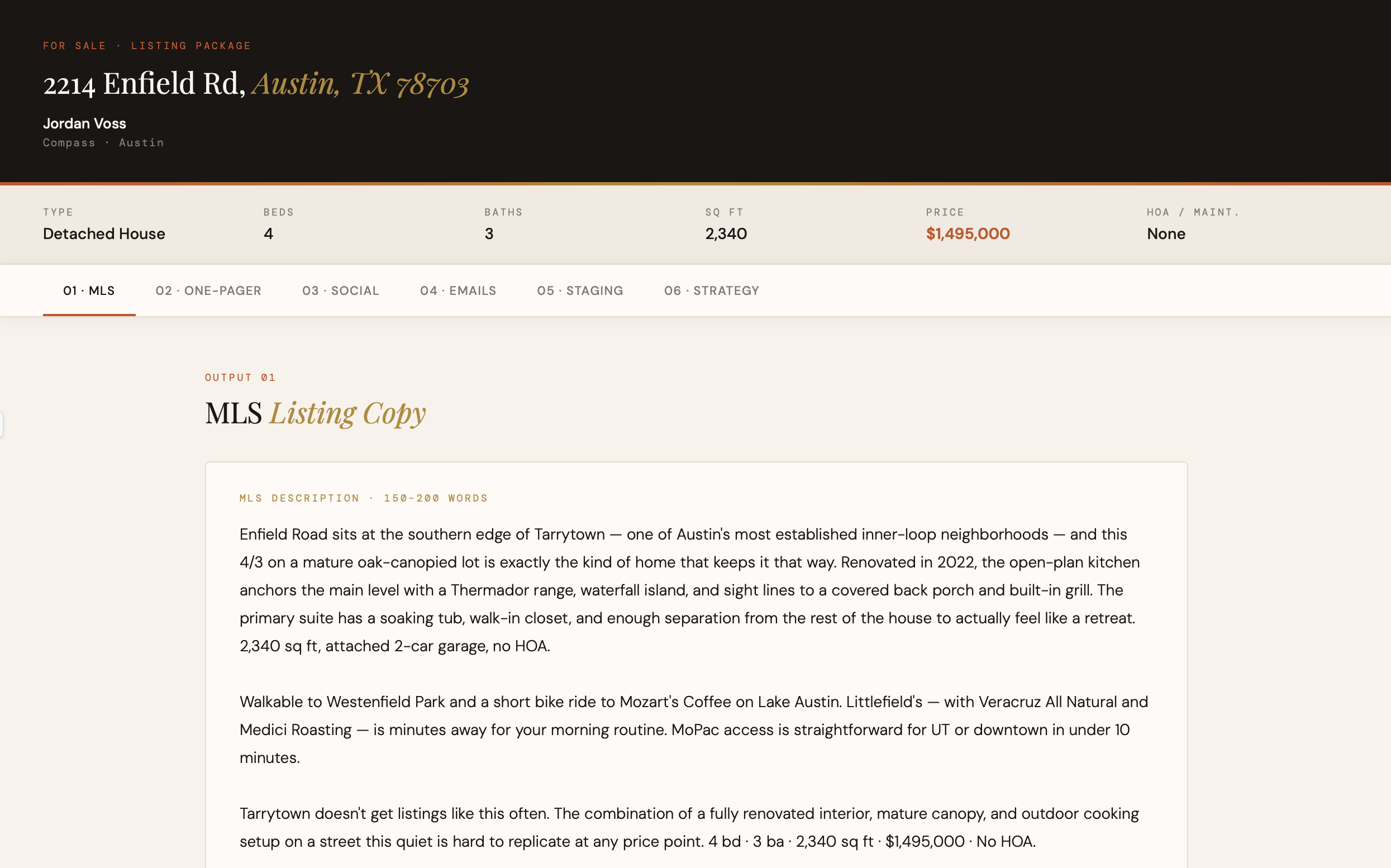 Listing Marketing Suite output showing MLS copy for a property in Austin TX